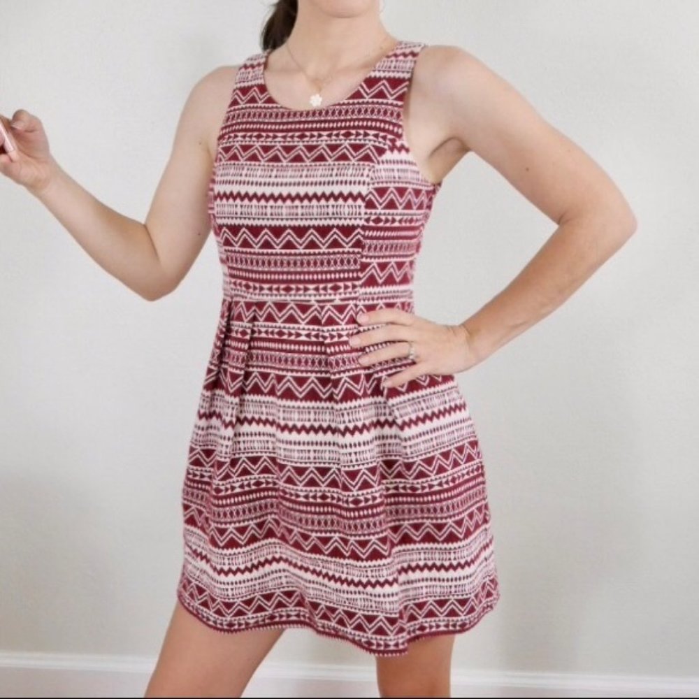 YA LOS ANGELES burgundy tribal print flare dress